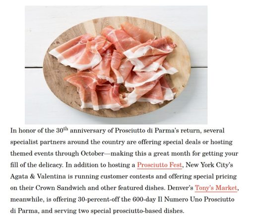 Press clipping: The U.S. Celebrates the 30th Anniversary of the Return of Prosciutto di Parma — La Cucina Italiana